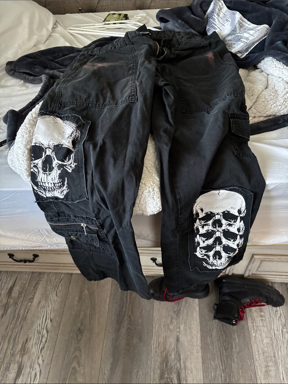Hot Topic Black Cargo Pants with White Skull Panels